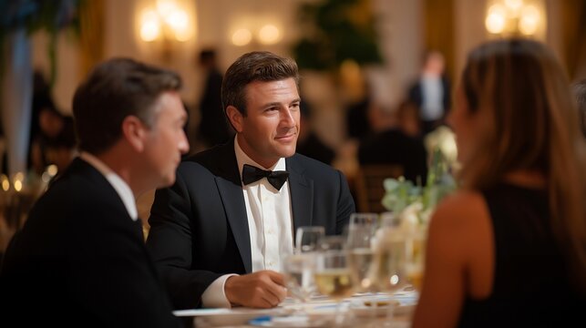 Sophisticated financial ecosystem presented through an elegant gala event, showcasing industry leaders networking over dinner. Soft candlelight and luxurious table settings create an upscale