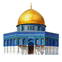 A vibrant gold-domed structure with intricate blue and white detailing against a stark black background