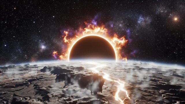 Epic cosmic horizon over an alien planet with a fiery solar corona ring and auroras across the night sky