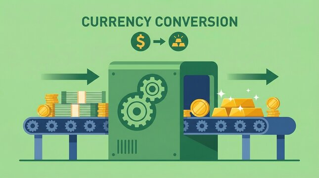 Currency conversion process illustrated through a conveyor belt system with gears and coins