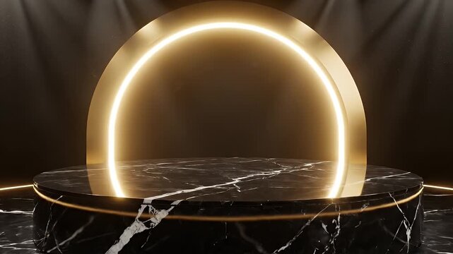 Luxury Stage Podium with Glowing Arch - A luxury stage podium with a black marble texture is highlighted by spotlights and a glowing gold arch background.