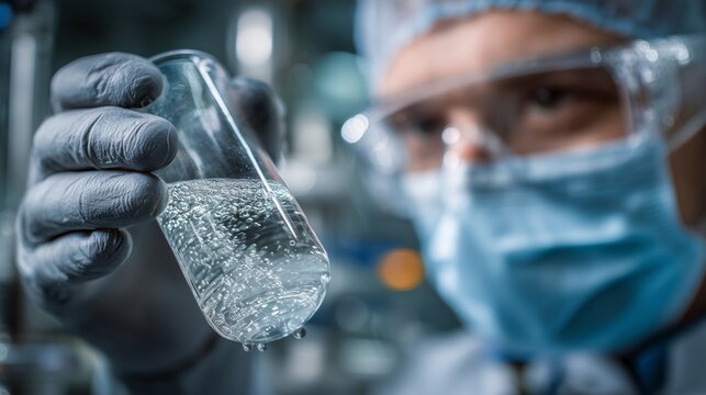 Scientist tests dirty water in a laboratory setting while observing bubbles in the sample with close focus on the test tube