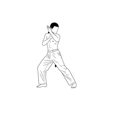 Male capoeirista in ginga stance wearing traditional clothes  