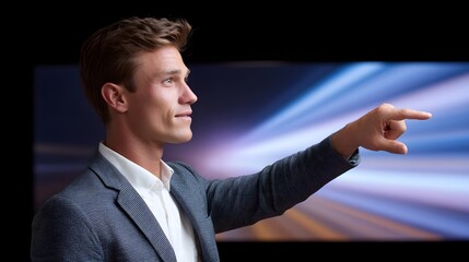Man in a suit pointing at a blurred abstract digital display with light streaks suggesting innovation