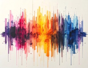 Vibrant, multicolored, abstract artwork with vertical lines resembling a cityscape or soundwave against a white background