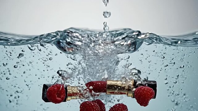 Red Lipstick Splashing in Water with Raspberries - A tube of red lipstick and several fresh raspberries are submerged in water, creating a splash effect.