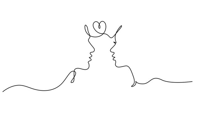 two human faces with love continuous one line drawing, Minimalist continuous one line drawing of two human faces in profile connected by heart shape. Editable stroke. Doodle hand drawn vector