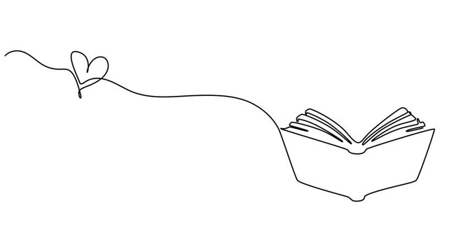 Open book with page as heart. One line continuous symbol heart. Line art, outline, single line silhouette. Hand drawn vector illustration animation, motion, videos, Love reading. Open book with heart