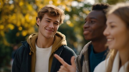 Fototapeta premium Diverse group of friends sharing lighthearted banter, one playfully making a rejection gesture, highlighting camaraderie and humor. Outdoor park setting with vibrant autumn leaves, soft sunlight