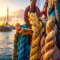 Vibrant nautical ropes hang from a rusty ring, with boats blurred in a golden sunset background at sea