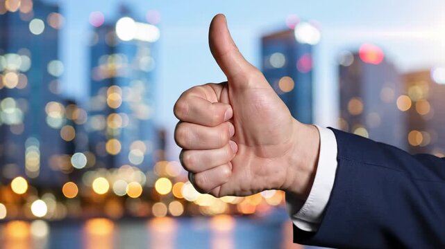 Thumbs Up Gesture in Front of Cityscape Background.