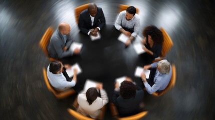 Overhead view of a diverse business team engaged in a dynamic meeting around a circular conference table with a sense of motion