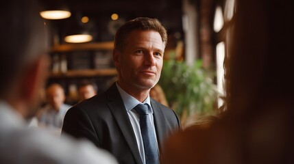 Fototapeta premium A confident businessman in a suit engages in a discussion during a professional meeting at a modern indoor venue