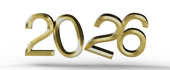 Gold 2026 numbers in a 3D rendering against a white background, perfect for New Year celebrations and business designs.