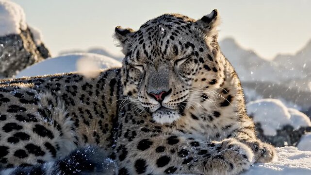 Resting Snow Leopard in Winter - A majestic snow leopard rests peacefully with its eyes closed in a serene winter landscape.