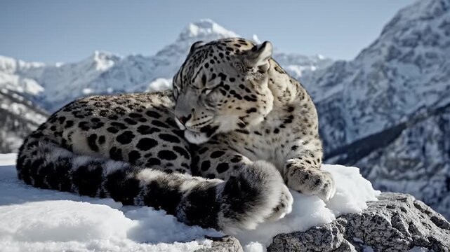 Resting Snow Leopard in Winter Landscape - A beautiful snow leopard rests peacefully with its eyes closed on a snow-covered rocky outcrop.