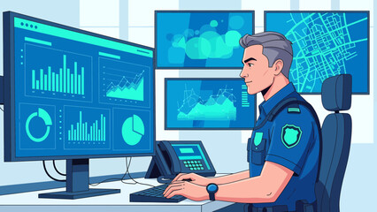 Obraz premium Police Officer Monitoring Data on Computer Screens.
