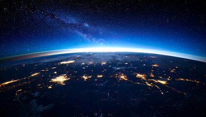 Earth from space planet surface with city lights and starry night sky