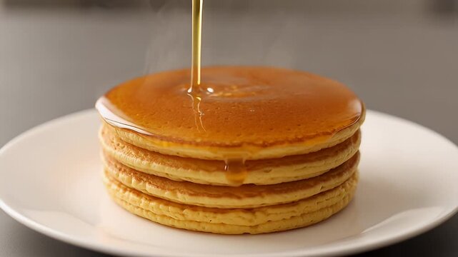 Golden pancakes stacked high with syrup cascading down in a delightful still life