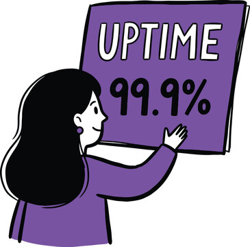 Cartoon uptime 99.9% sign illustration, reliability and availability concept, purple flat vector for IT service SLA banners