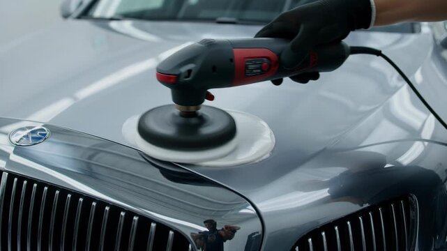 person using a red and black electric polisher on a silver car