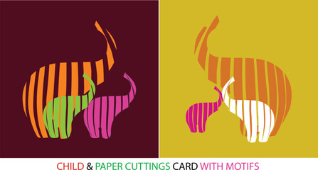 Elephant Family Paper Cutting with Stripe Motif Design, Colorful Elephant Motif Card Design for School Projects. © Bijan Design