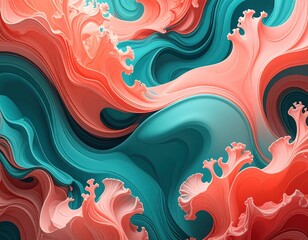 Abstract Waves with Coral and Teal Fluid Patterns in Motion