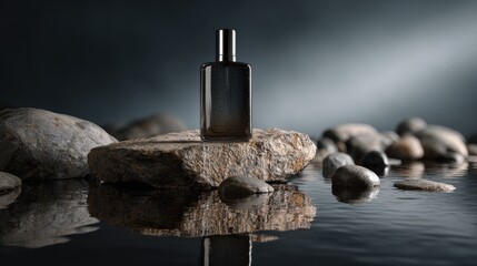 Perfume bottle standing on rock in clear water