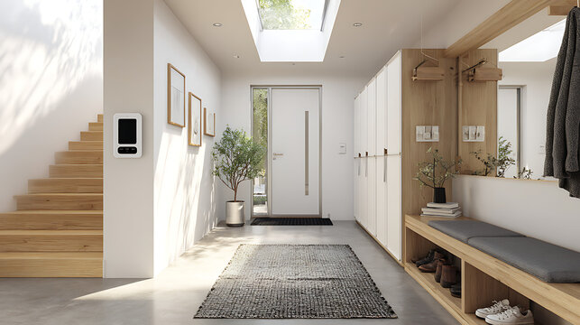 Contemporary Home Entrance With Smart Doorbell And Shoe Cabinet Professional Photography