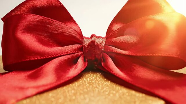 Festive brown cardboard gift box wrapped with a large red satin ribbon and bow against a soft light background