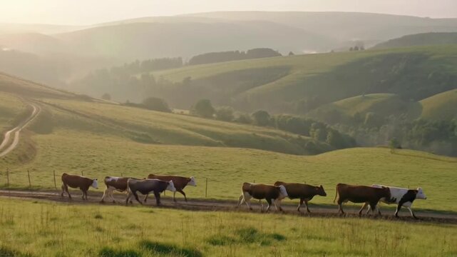 Cows walking on a dirt path through rolling green hills at dawn, soft mist, golden light, peaceful rural rhythm. Concept for organic farm branding