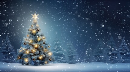 Tranquil wintry night scene featuring a glowing Christmas tree under falling snow and stars in a blue landscape