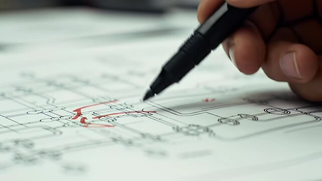 Hand sketching a website wireframe on paper illustrating user interface design and digital planning for web development projects with a marker pen