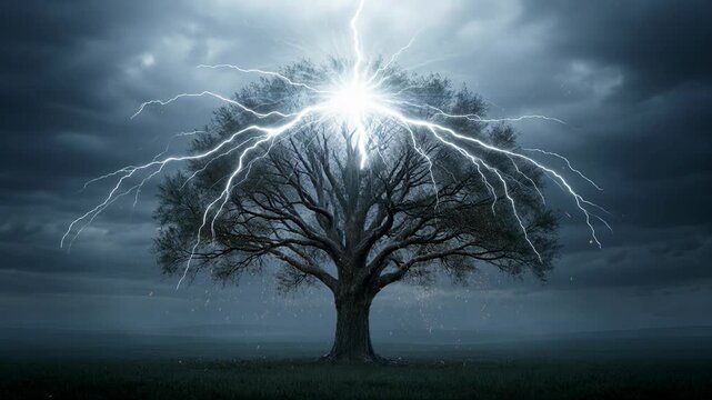 Dramatic lightning strikes tree in dark stormy landscape - 4k video