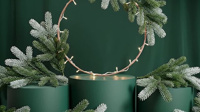 Festive green cylindrical planters surrounded by pine branches and a glowing circular light ring in a winter scene