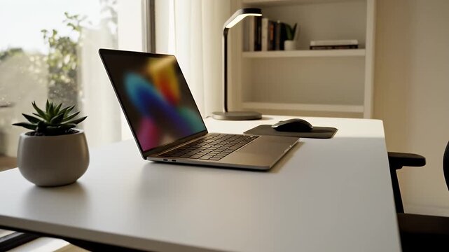 Minimalist Home Office Desk Setup - This video features a modern home office setup with natural light, showcasing a clean white desk, laptop, mouse, desk lamp, and a small potted succulent near a