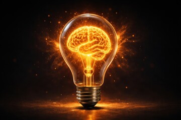 A glowing brain encased within a classic incandescent lightbulb on a dark background