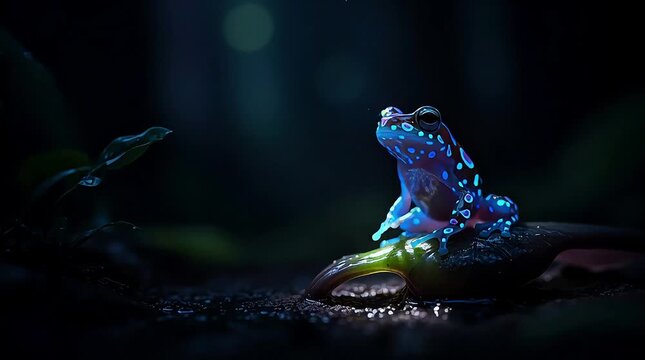 Vibrant blue poison dart frog sitting on a leaf in a dark tropical forest environment peacefully alone outdoors