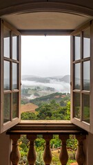 Fototapeta premium A serene landscape viewed through an open window