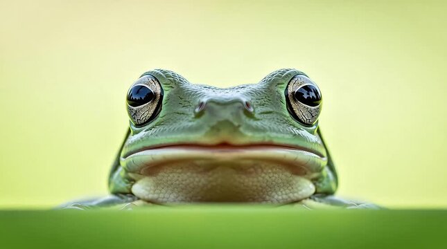Green frog peeking over the edge with curious expression and large round eyes in a natural setting calmly.