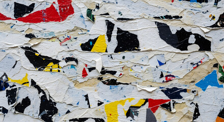 Fototapeta premium Torn and layered posters with faded colors and abstract shapes on weathered surface display