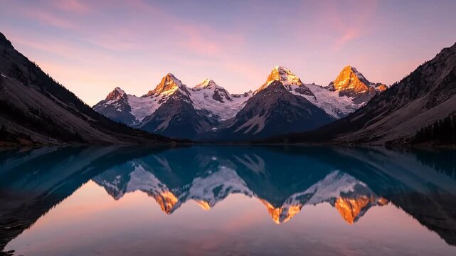 Scenic mountains reflected in the calm lake at dusk. Mountain peaks and landscape offer tranquil nature, landscape, travel and beauty. 