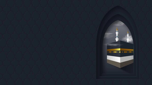 Kaaba and Minarets in Arched Window Islamic Background