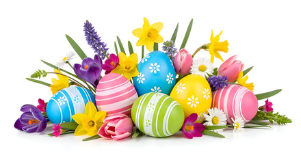 Easter eggs and spring flowers arrangement