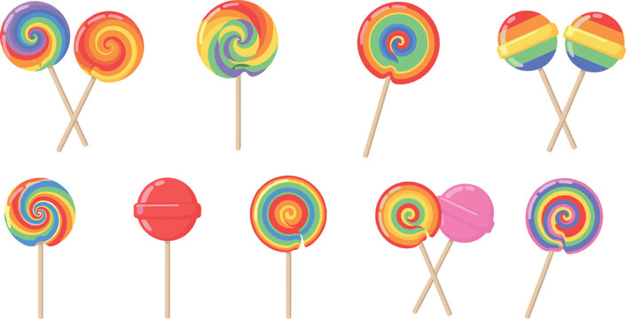 Rainbow lollipop candy icon set flat vector collection of colorful swirl sweets on sticks isolated on light background