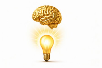 Golden brain model floating above glowing light bulb against white background