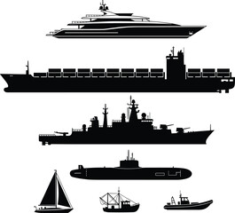 Ship collection silhouette maritime vessels yacht cargo ship warship submarine fishing boat sailing boat naval transport shipping industry ocean transportation marine fleet © Hello World