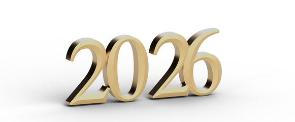Stylish 3D rendered golden 2026 on a white background, representing the upcoming year. Ideal for New Year greetings, bus © vegefox.com