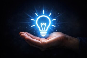 Neon blue light bulb icon glowing above open human hand on dark background space