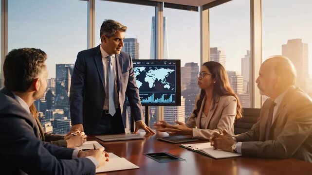 Business professionals in a meeting discussing global strategy and plans.